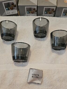 Kosta Boda Smoky Grey Round Candle Votives , Set of 4, NEW